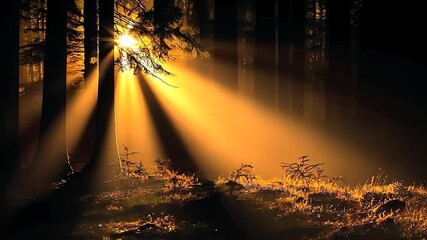 Poster - Sunlight beams through a dark forest.
