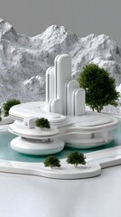 Poster - futuristic minimalist skyline, floating structures, ultra-sleek skyscrapers, monochrome color palette, seamless urban connectivity, AI-driven infrastructure, glowing pathways, digital holograms,