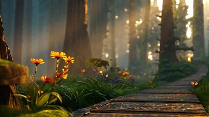 Poster - Wooden path in a magical forest at sunrise