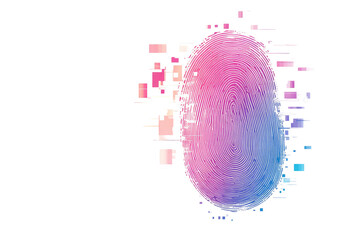 abstract fingerprint-like form with a gradient of pink and blue hues, surrounded by a digital glitch
