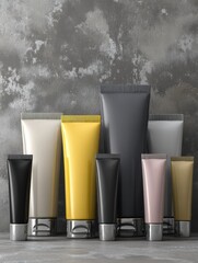 Poster - Packaged Sealant Tubes Arranged on a Neutral Background in a Modern Industrial Setting for Construction and Repair Tasks