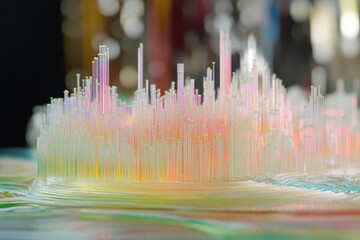 Poster - Fiber optic cables visually represented with vibrant colors and abstract formations in a digital environment, Abstract of fiber optic cables carrying information toward wireframe city buildings