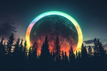 Aufkleber - Colorful halo encircles giant moon rising over a serene forest landscape, Giant moon with colorful halo rising over a forest silhouette