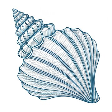 Beach Seashell Continuous Line Editable Icon, Hand Drawn Seashell Design, Vector drawing of marine life, Line Art Conch Shell On A Transparent Background, Engraving Style Marine and Nautical Element
