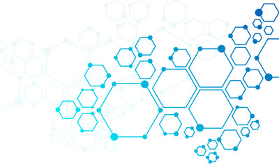 Fototapete - Abstract Medical Molecular Structure Background with Blue Hexagons. Biotech and Medical Research Hexagonal Grid Background. Technology Network Background with Geometric Hexagon Pattern