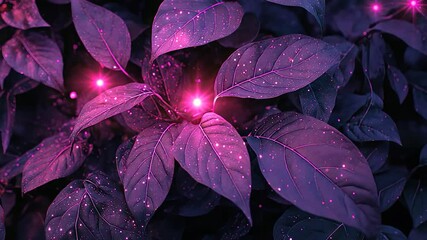 Poster - Close-up of dark purple leaves with glowing light spots.