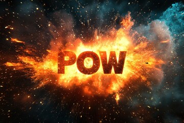 Poster - Explosive display with vibrant colors and bold text illustrating impact, Amazing explosion with Pow text
