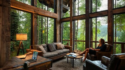 Poster - Rustic living room with large windows overlooking forest