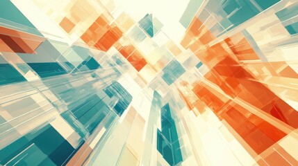 Poster - Abstract cityscape, vibrant orange and teal glass blocks rising, perspective from below