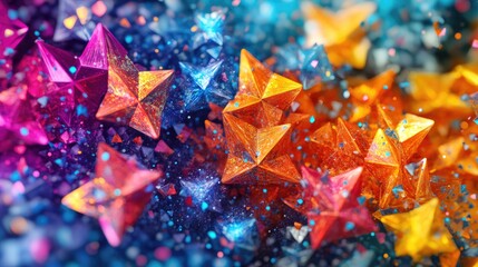 Poster - Vibrant, multifaceted star shapes in blue, orange, and pink, creating a dazzling, textured abstract background