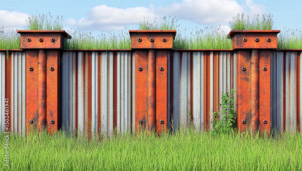 Metal Rust Post A rusted metal fence with vertical corrugated panels, topped with three ...