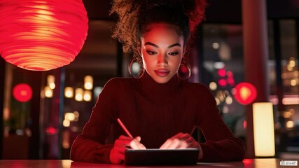 Poster - Young woman using digital tablet in a restaurant at night