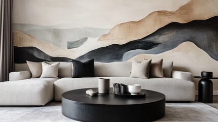 Poster - Contemporary neutral-toned lounge with abstract mural feature wall, plush sofa in soft gray-beige, black round coffee table, and minimal decor touches