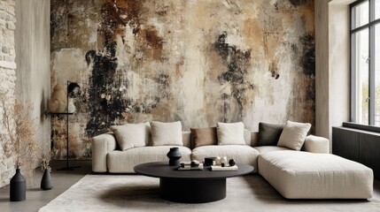 Poster - Contemporary neutral-toned lounge with abstract mural feature wall, plush sofa in soft gray-beige, black round coffee table, and minimal decor touches