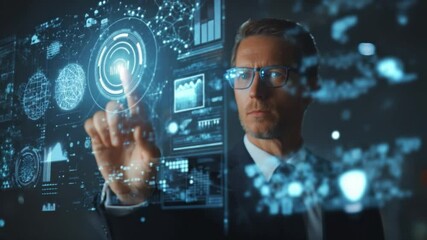 Poster - Innovation at the Fingertips: A focused individual in a high-tech environment, interacting with a futuristic interface, the embodiment of technological progress and data manipulation.