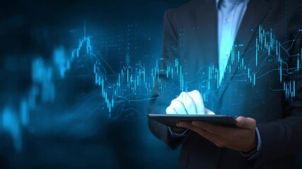 Poster - Navigating Data: A close-up shot depicts a professional in a tailored suit, absorbed in analyzing digital stock charts displayed on a sleek tablet, the interface gleaming with the data 