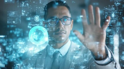 Poster - Visionary Interface: A focused, intelligent man, wearing glasses, interacts with a high-tech digital interface, projecting a futuristic vision of connectivity and innovation.