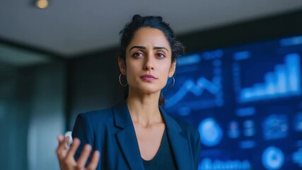 Poster - Beautiful Indian businesswoman with confidence smiling with technology background,