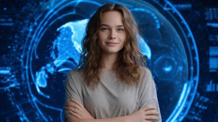 Poster - A Vision of the Future: A young woman with folded arms gazes confidently at the camera, set against a backdrop of a futuristic, glowing globe, she appears as a leader of technological advancement.
