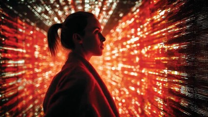 Poster - Woman in Red Light: A woman silhouette stands facing right, against a vibrant, radiant backdrop of red and orange light streaks, creating a captivating visual contrast.