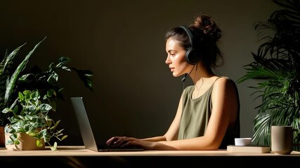 Poster - Woman working on a laptop with headphones