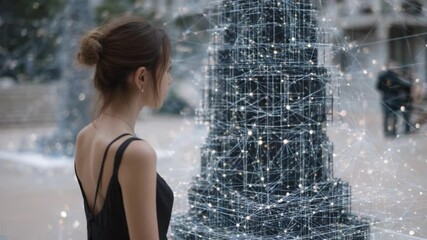 Poster - Futuristic Reflection: A young woman stands gazing at a structure interwoven with luminous digital networks, in a harmonious blend of human and technological realms, against an urban backdrop.