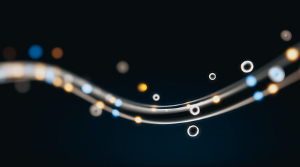 Poster - Abstract Light Trails: Glowing light trails create a mesmerizing wave pattern, with orbs of light in blue, white and gold scattered across a dark background.