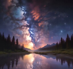 Illustration of wild landscape with milky way nebula and stars on the bright night sky.