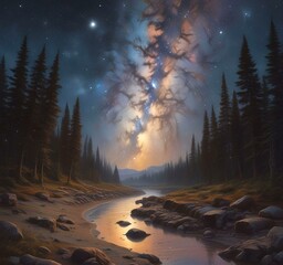 illustration of wild landscape with milky way nebula and stars on the bright night sky.
