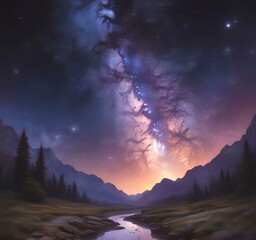 illustration of wild landscape with milky way nebula and stars on the bright night sky.