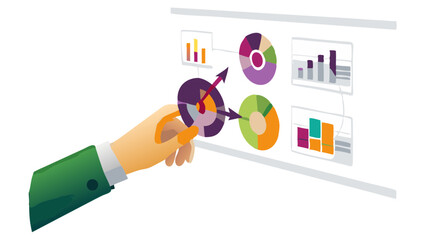 Aufkleber - Analyzing business data A hand turns a pie chart towards growth projections on a modern data screen