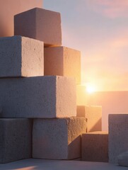 Leinwandbilder - Lightweight Blocks Arranged in an Artistic Stack as Sunlight Casts Warm Glow During Early Evening