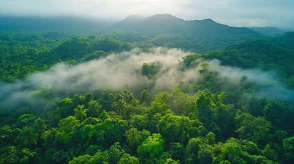 lush green rainforest canopy embracing ethereal morning mist mountains standing tall in the distance