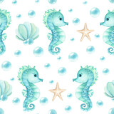 Seahorse cute character, seashell, stars, bubbles seamless pattern. Watercolor children illustration turquoise nautical style isolated from background. Kids design for stationary, textile, packaging