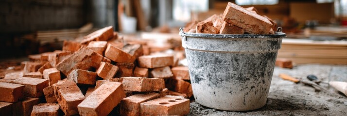 Poster - Construction Site With Pile of Bricks and Mortar Bucket on Unfinished Floor