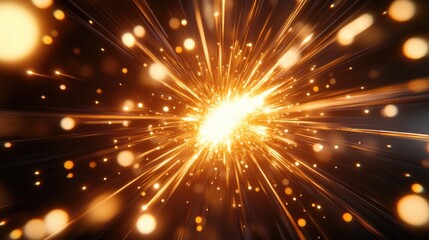 Poster - Glowing golden burst of light and particles radiating outwards in dark space