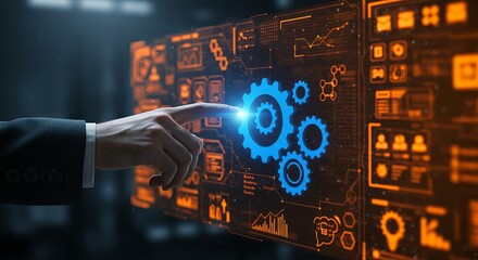 Poster - A hand in a suit touching a digital screen with blue gears and orange interface elements displayed