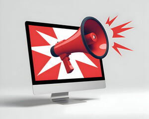 Red Megaphone Emerging from Computer Screen Promoting Announcement
