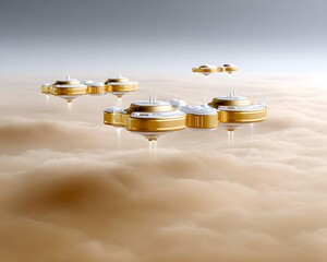 Poster - stellar marketplace within the core of a gas giant, floating trading platforms bathed in golden cosmic light, vibrant intergalactic cultures mingling, surreal space environment, high-fidelity sci-fi