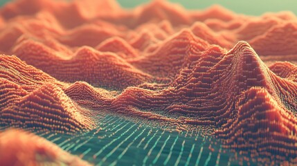 Poster - Abstract orange digital landscape with textured peaks and valleys, rendered in a grid-like pattern