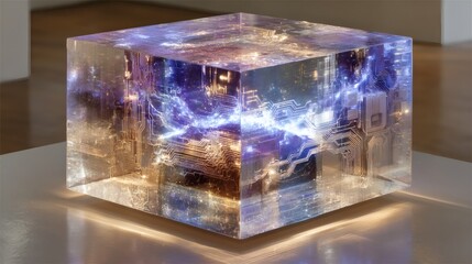 an abstract 3d cube of interlocked translucent panels, each panel etched with microchips, numerical 