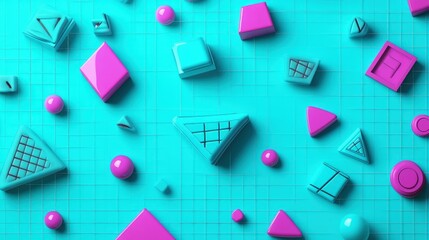 Poster - Scattered vibrant pink and teal geometric shapes on a grid background