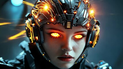 Poster - Futuristic female cyborg with glowing gold crown of cables and striking eyes in a dimly lit setting, Female cyborg with glowing gold crown of cables