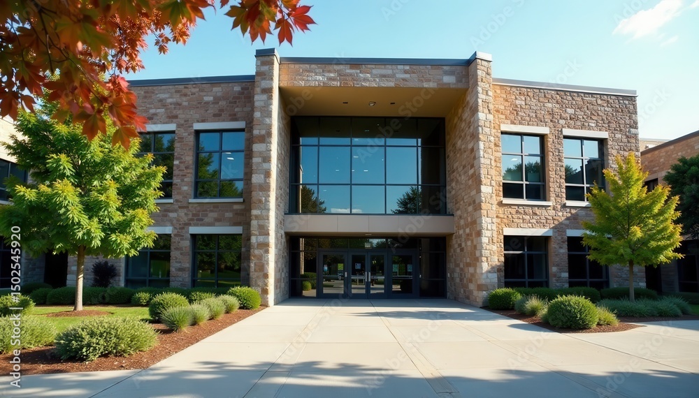 School building exterior with stone columns and large glass panels ...