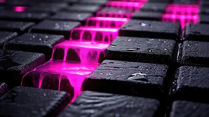 Poster - Pink liquid flowing between dark, wet blocks.