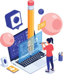 a creative scene showing a giant pencil and a laptop with wireframe open, designer adjusting layout 