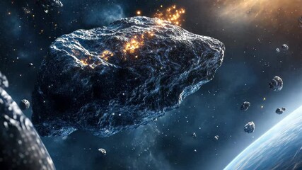 Wall Mural - asteroids floating in space with glowing tails against a futuristic celestial backdrop, asteroids in