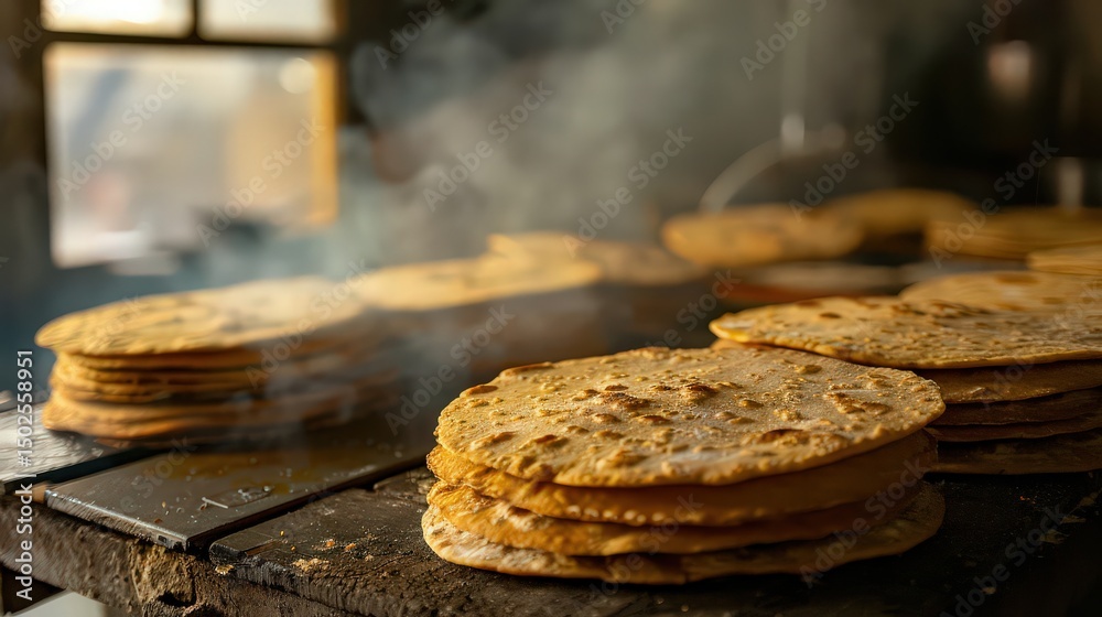 Steamed Roti A close up view of stacks of freshly made roti with steam rising from ...