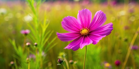 Wall Mural - A single Cosmos flower stands alone in a lush green field with vibrant purple petals and yellow center, surrounded by tall grasses and wildflowers, floral, wildflower