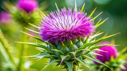 Wall Mural - Close-up of milk thistle plant in selective focus, showing details of the plant's leaves and flowers with a blurred background, botanical, closeupmacro